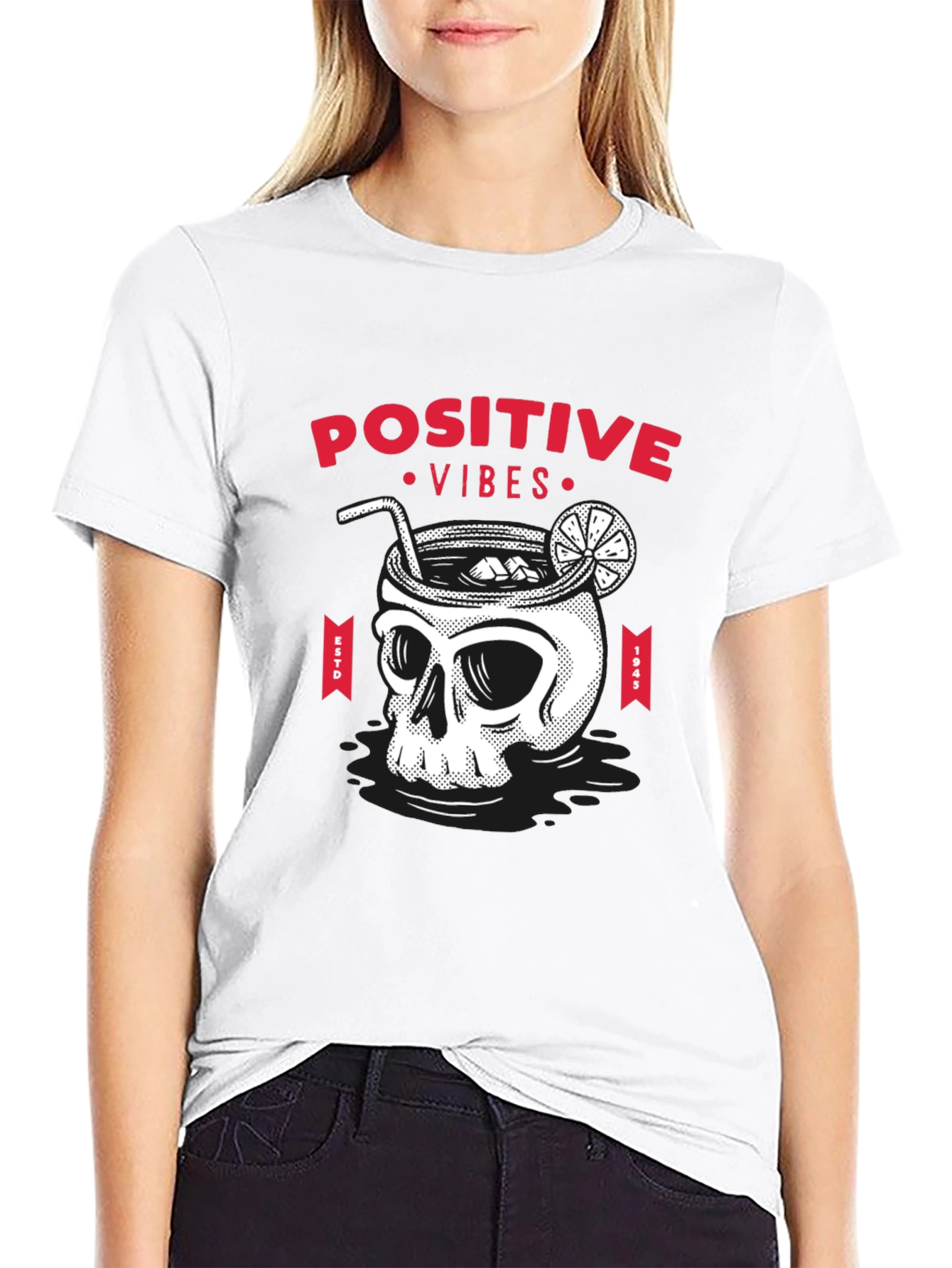 Camiseta Negra Calavera Cóctel Positive Vibes