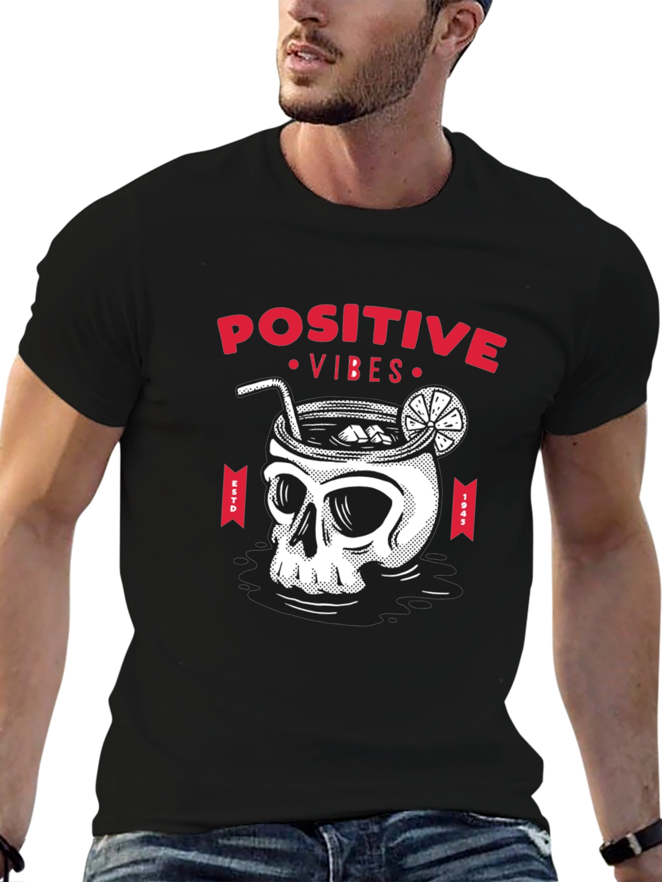 Camiseta Negra Calavera Cóctel Positive Vibes