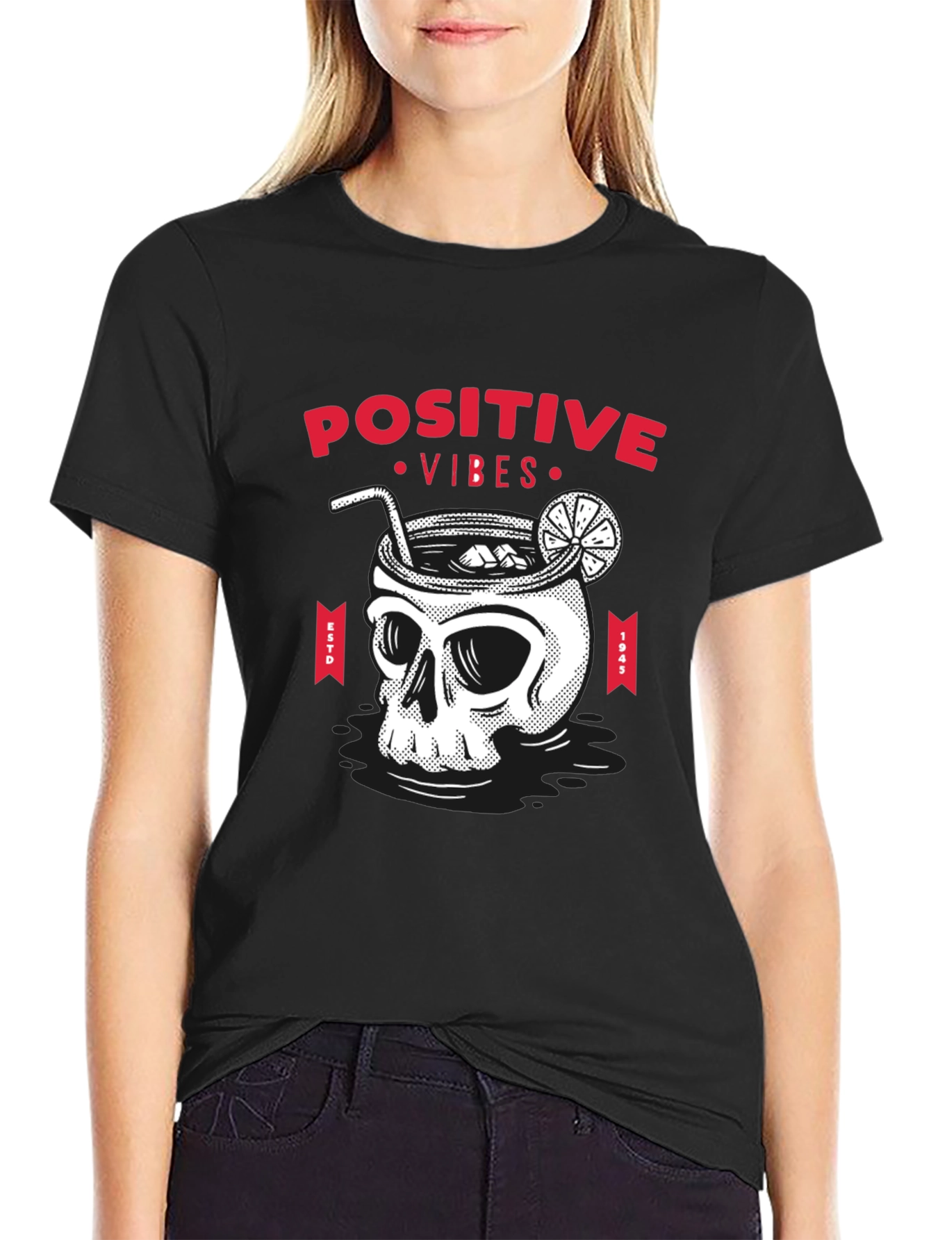 Camiseta Negra Calavera Cóctel Positive Vibes