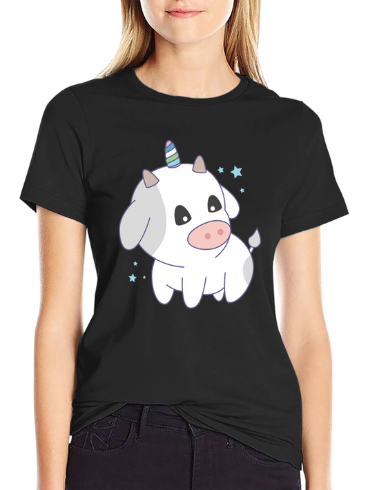 Camiseta Negra con Diseño de Vaca Unicornio Kawaii