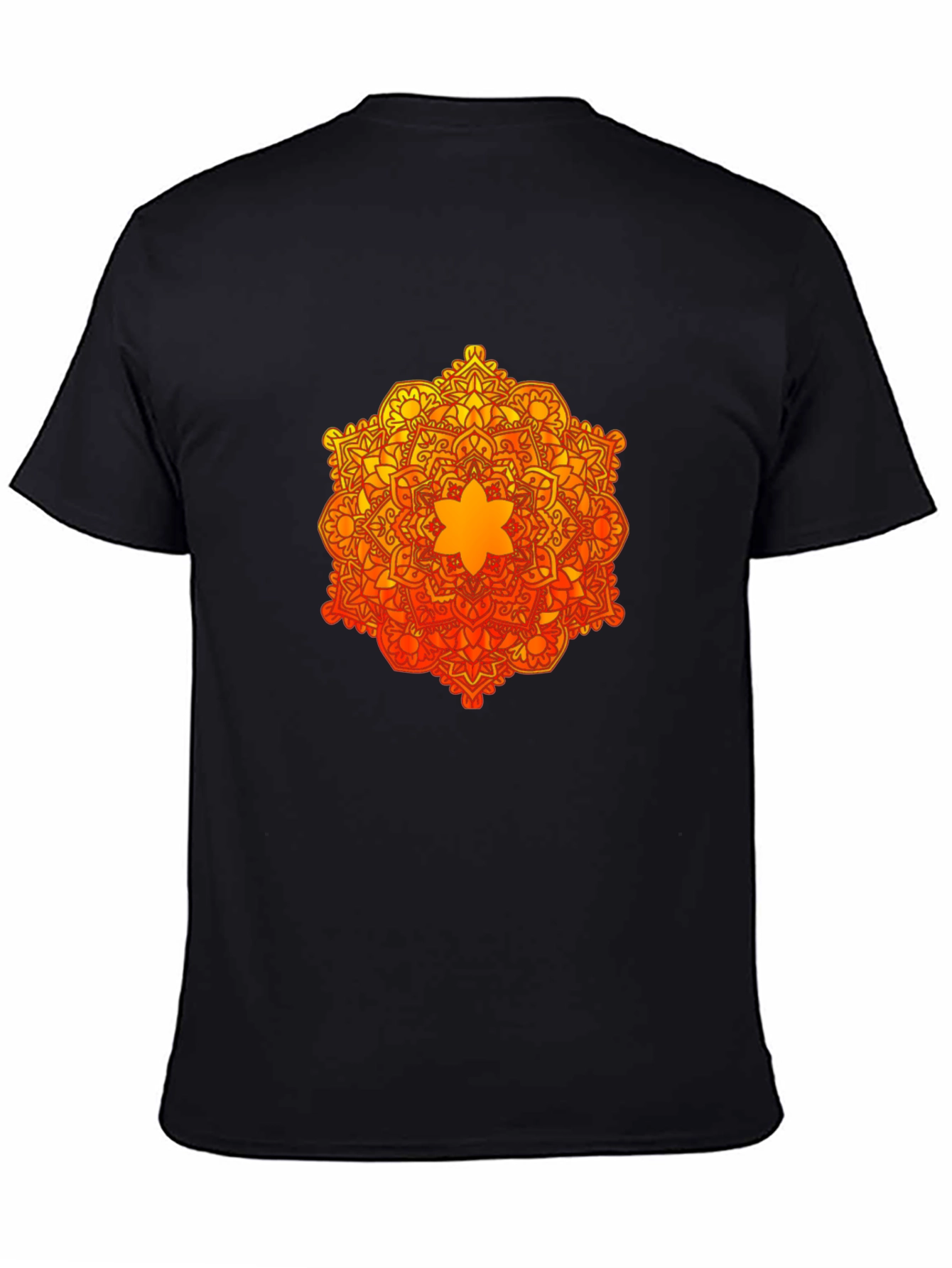Camiseta Negra con Mandala Naranja y Amarilla