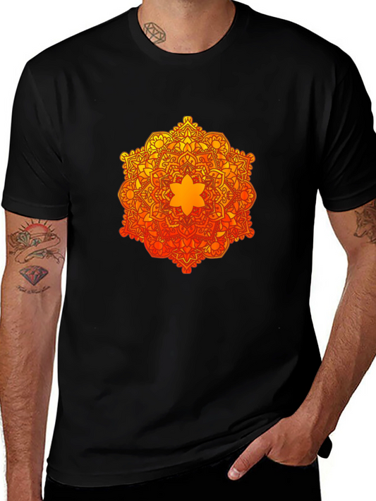 Camiseta Negra con Mandala Naranja y Amarilla