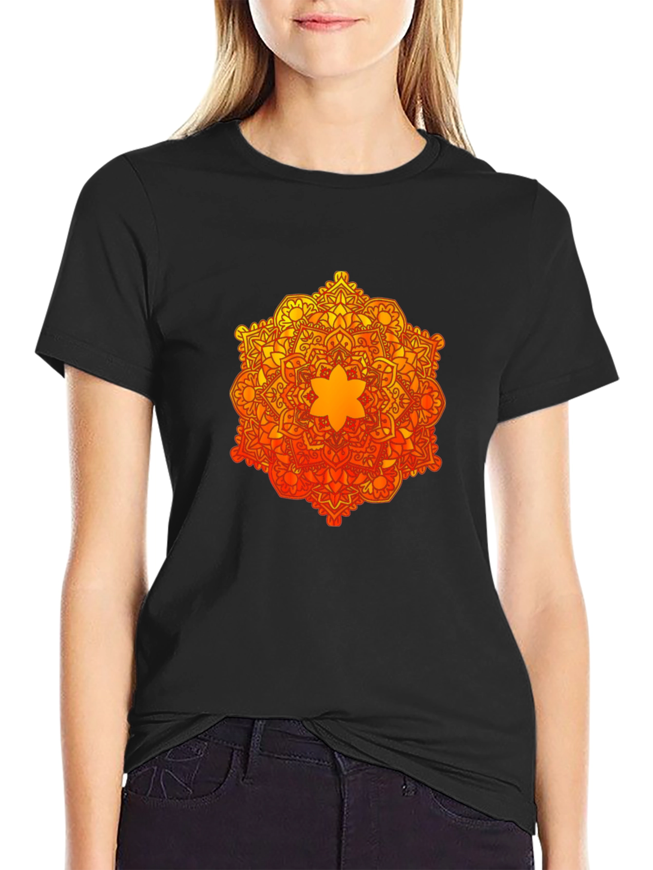 Camiseta Negra con Mandala Naranja y Amarilla