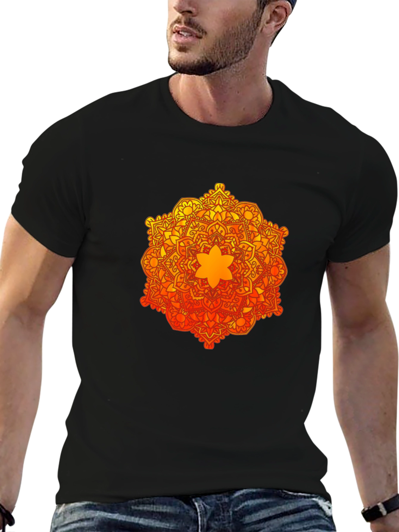 Camiseta Negra con Mandala Naranja y Amarilla
