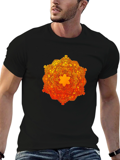 Camiseta Negra con Mandala Naranja y Amarilla