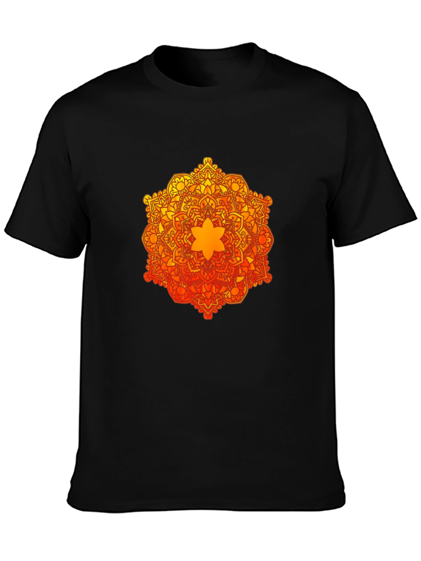 Camiseta Negra con Mandala Naranja y Amarilla