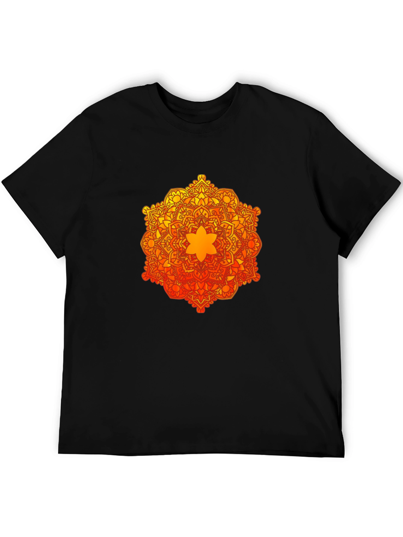 Camiseta Negra con Mandala Naranja y Amarilla