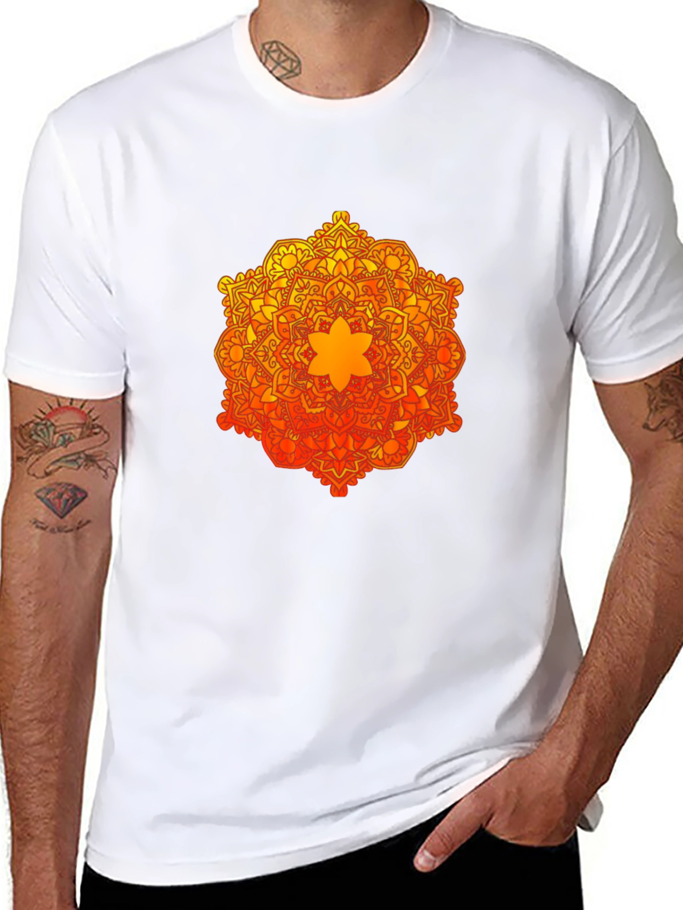 Camiseta Negra con Mandala Naranja y Amarilla