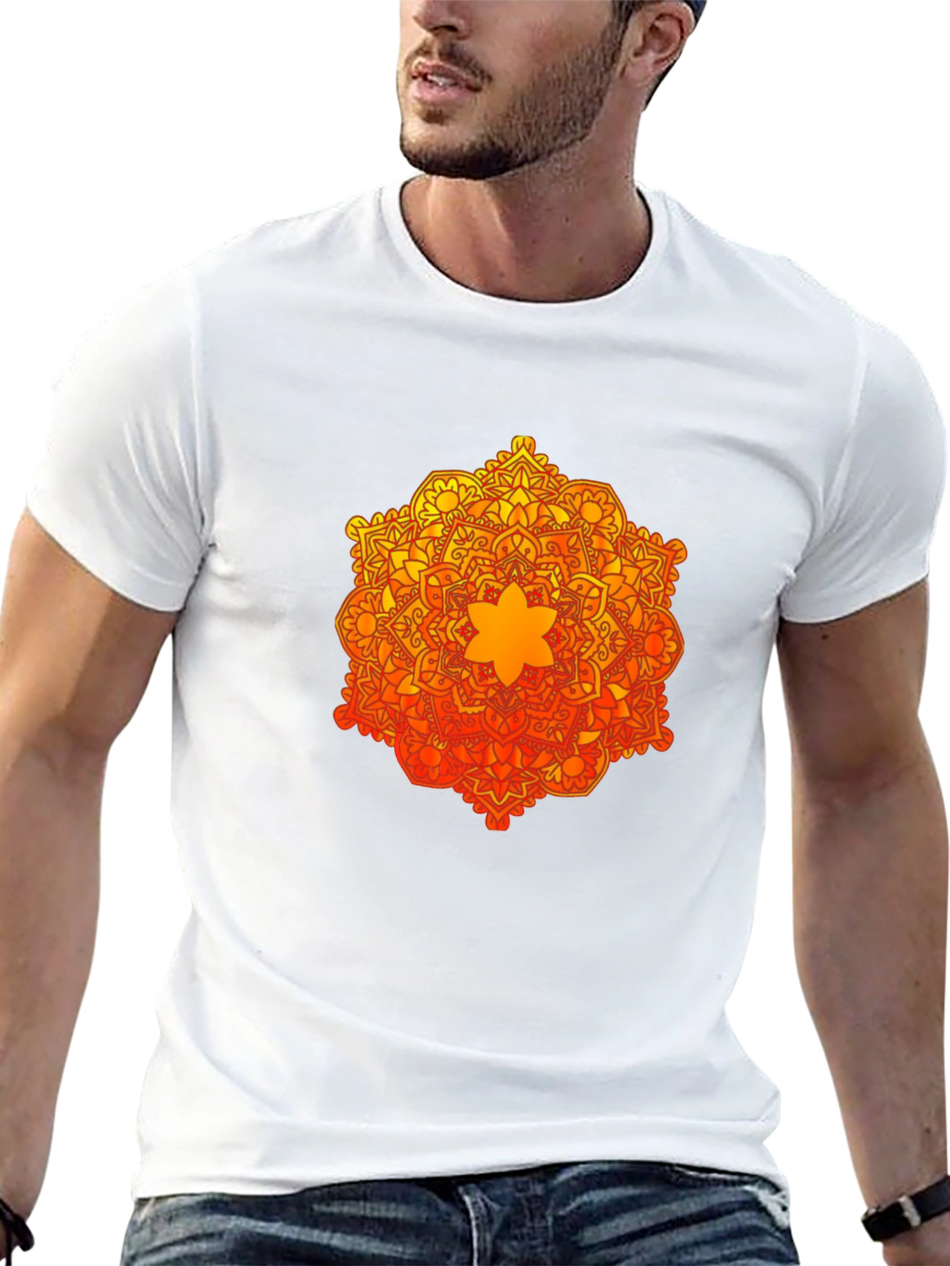 Camiseta Negra con Mandala Naranja y Amarilla