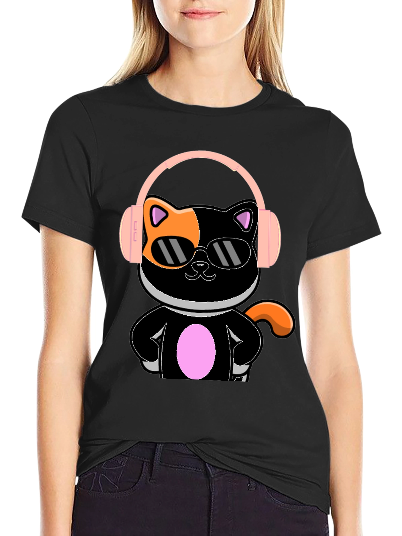 Camiseta Negra Gato Cool con Audífonos