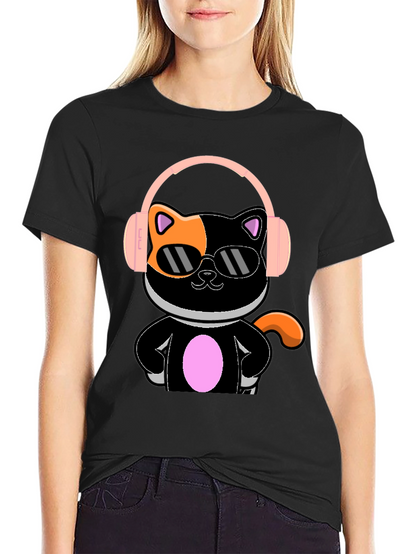 Camiseta Negra Gato Cool con Audífonos