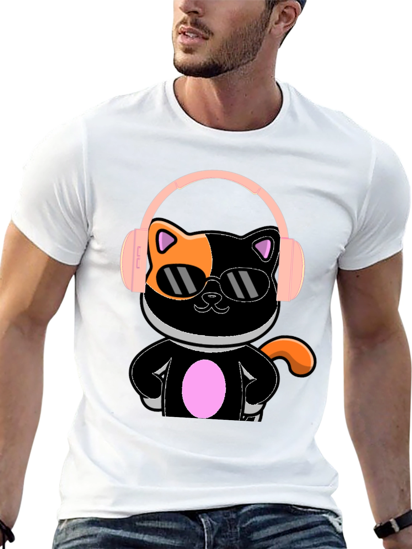 Camiseta Negra Gato Cool con Audífonos