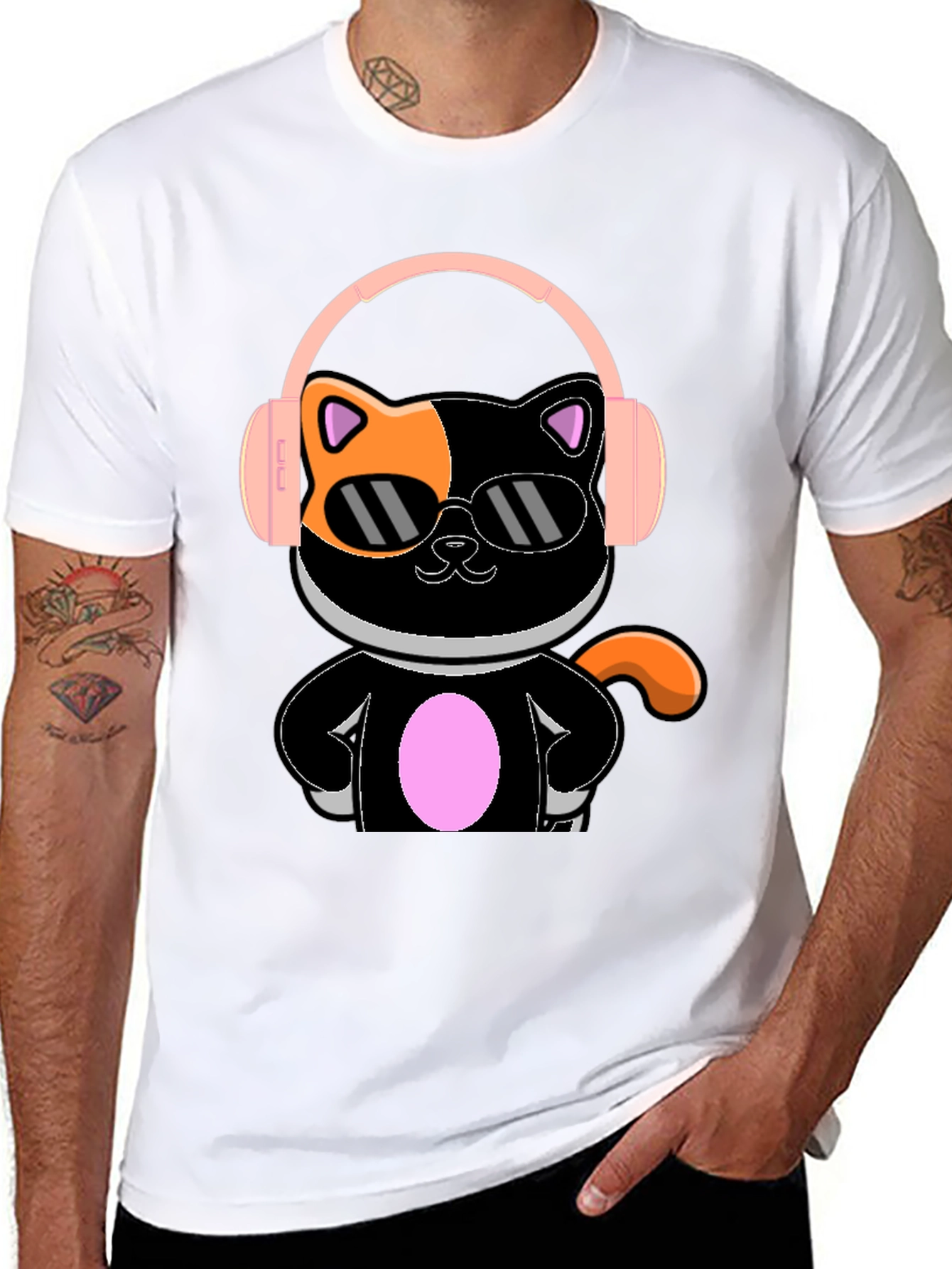 Camiseta Negra Gato Cool con Audífonos