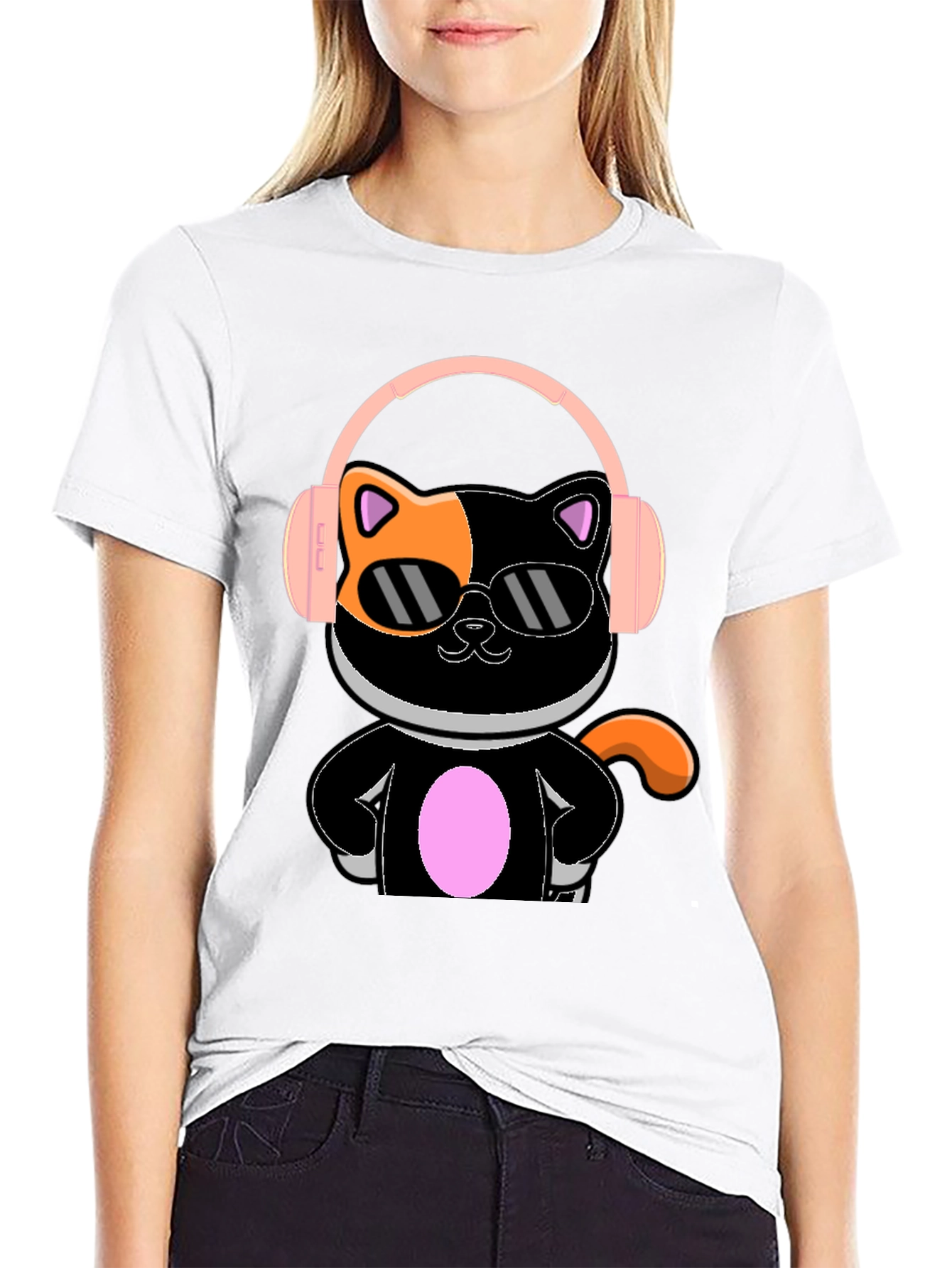 Camiseta Negra Gato Cool con Audífonos