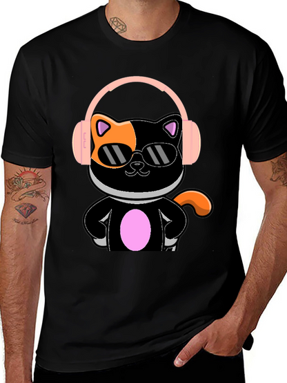 Camiseta Negra Gato Cool con Audífonos