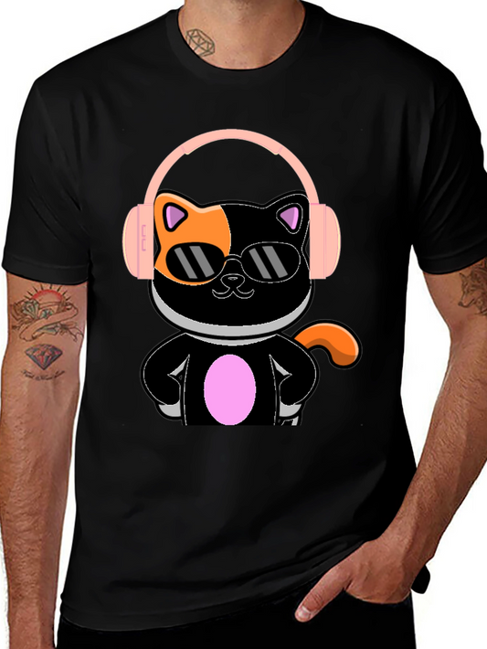 Camiseta Negra Gato Cool con Audífonos
