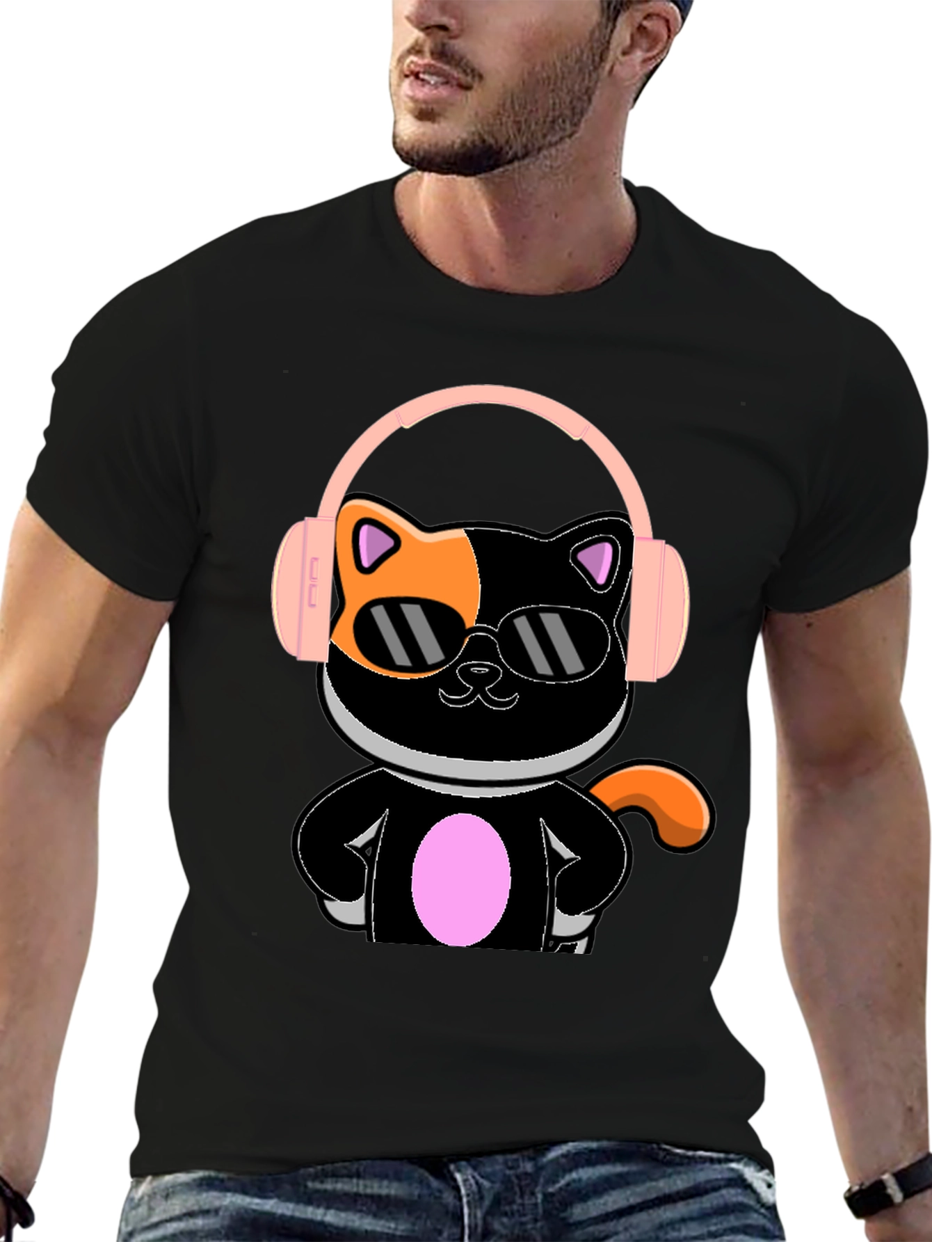 Camiseta Negra Gato Cool con Audífonos