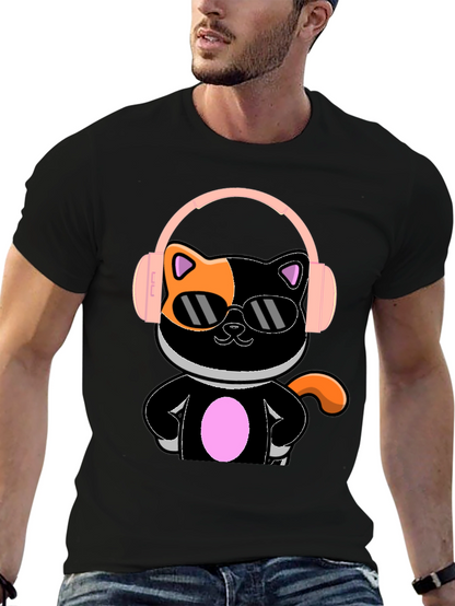 Camiseta Negra Gato Cool con Audífonos