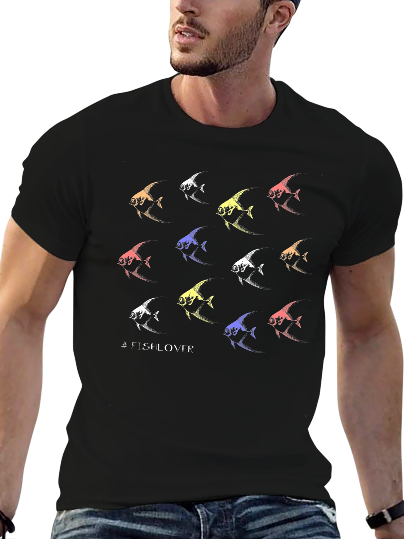 Camiseta Negra #FishLover Diseño Peces Tropicales