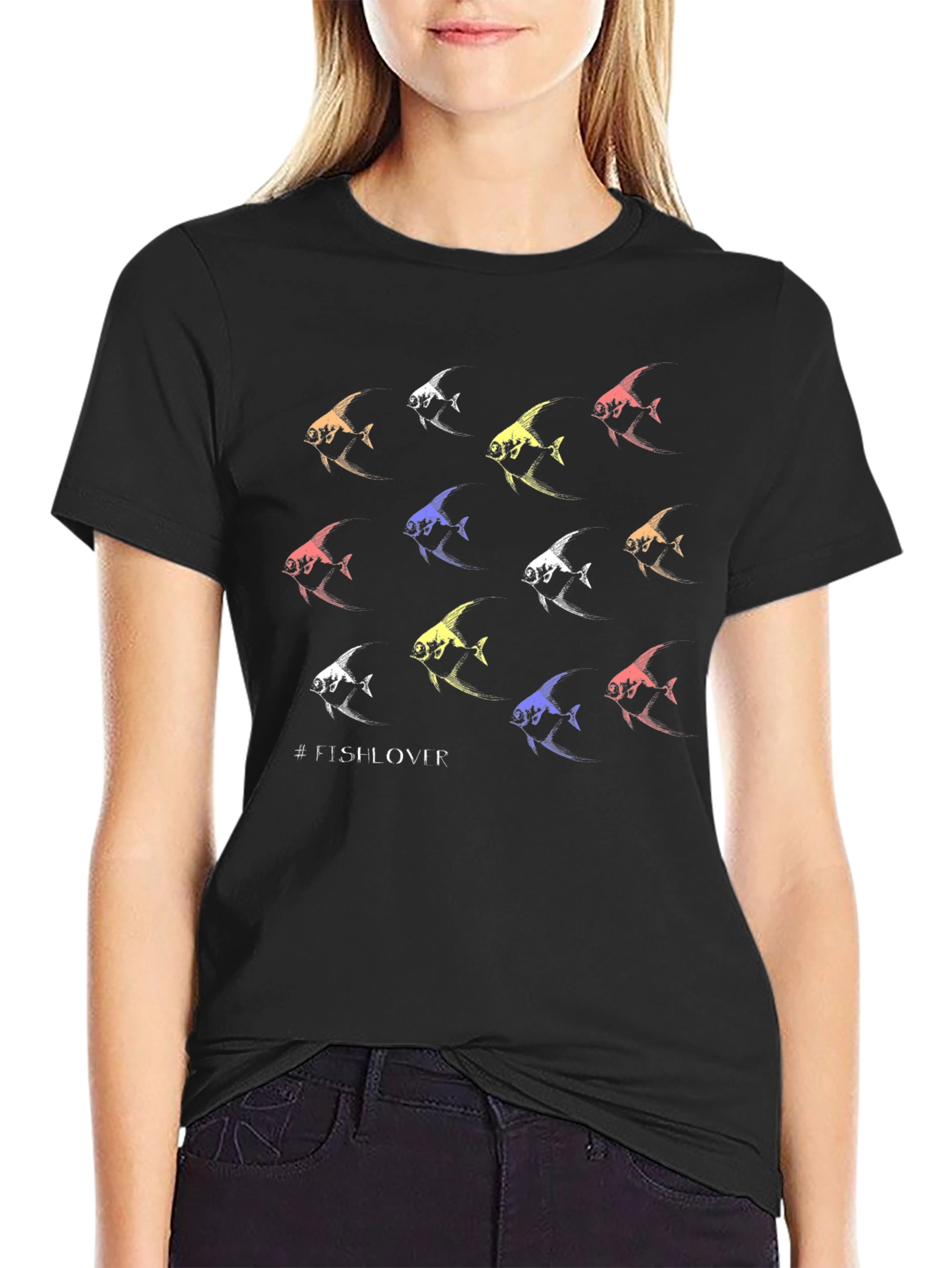 Camiseta Negra #FishLover Diseño Peces Tropicales