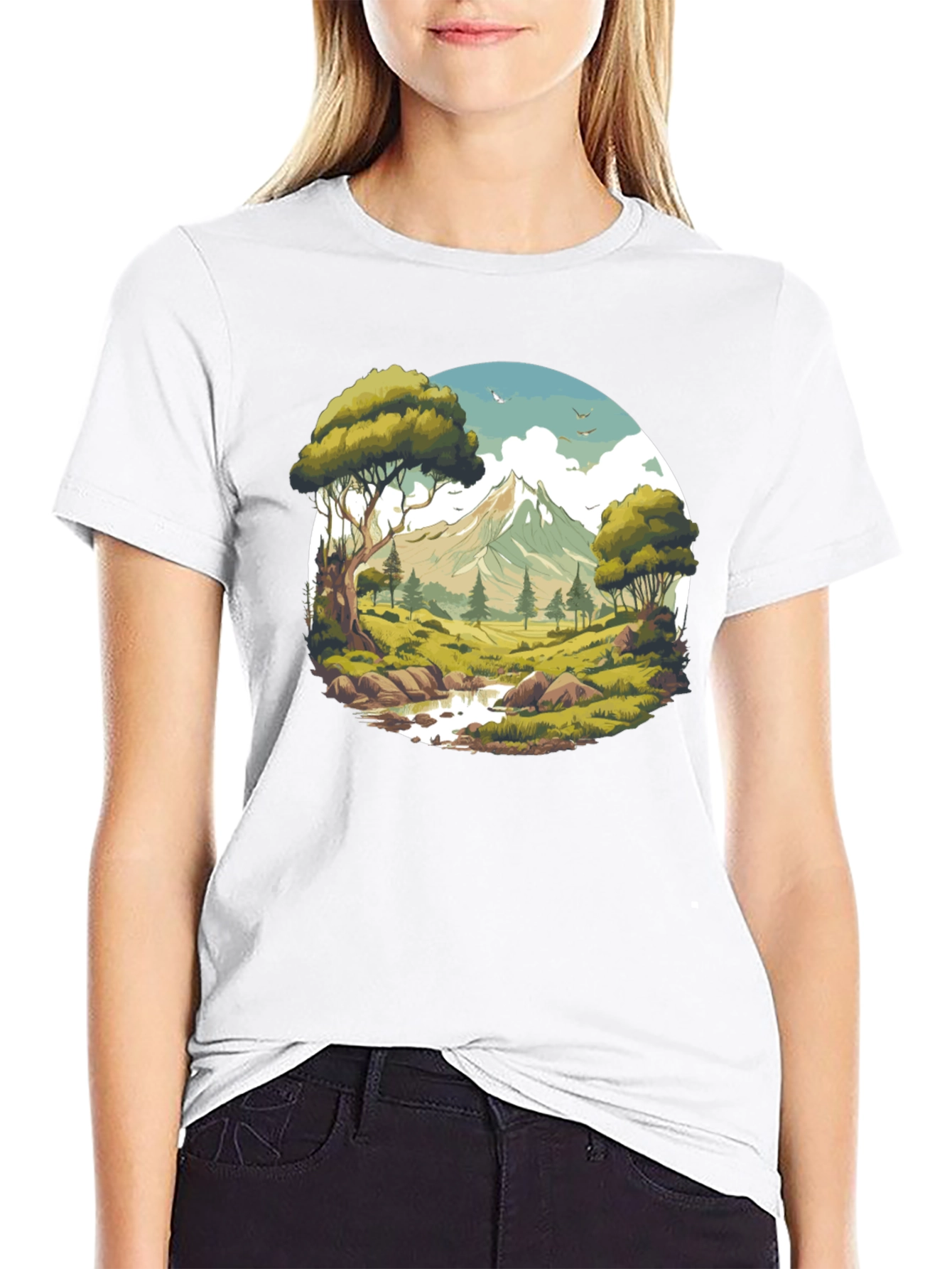 Camiseta Negra con Diseño de Paisaje de Montaña