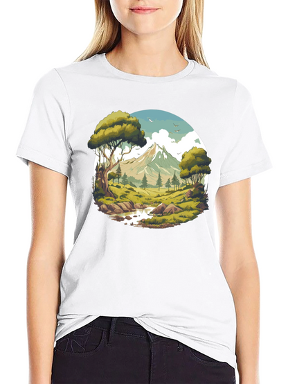 Camiseta Negra con Diseño de Paisaje de Montaña