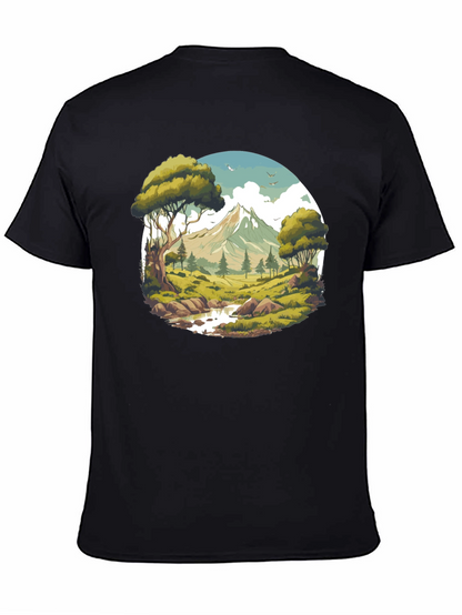 Camiseta Negra con Diseño de Paisaje de Montaña