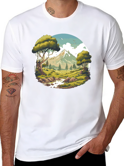 Camiseta Negra con Diseño de Paisaje de Montaña
