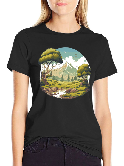 Camiseta Negra con Diseño de Paisaje de Montaña