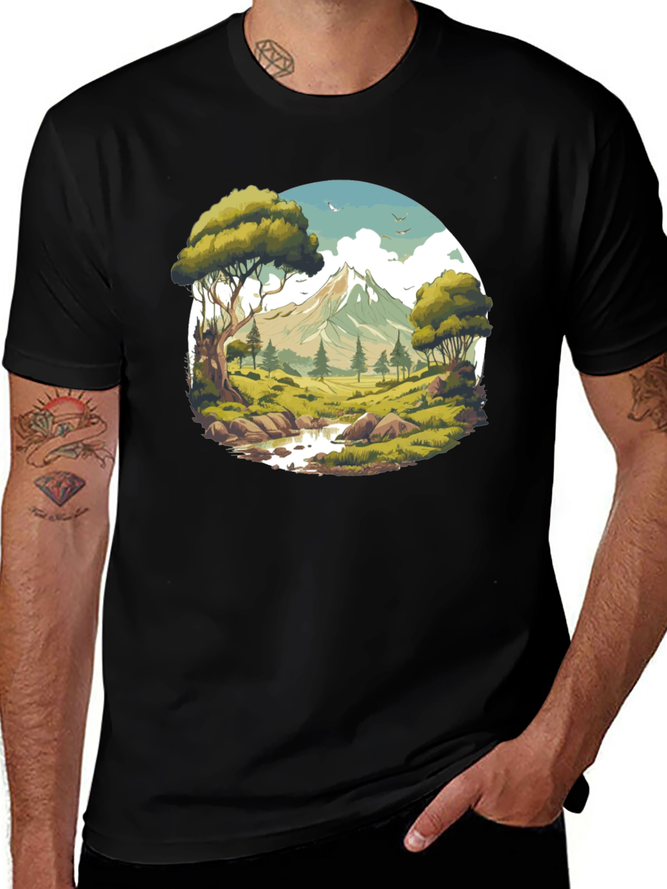 Camiseta Negra con Diseño de Paisaje de Montaña