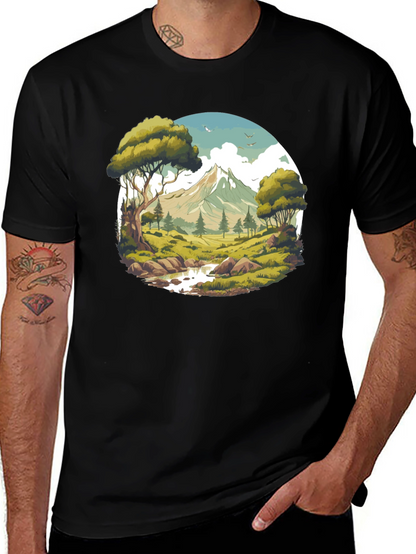 Camiseta Negra con Diseño de Paisaje de Montaña