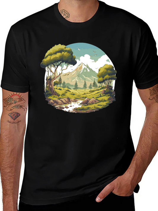 Camiseta Negra con Diseño de Paisaje de Montaña