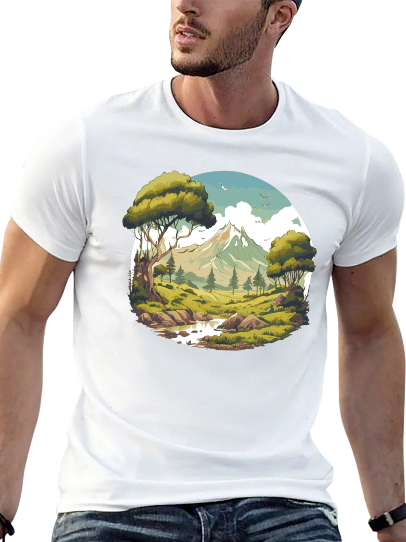 Camiseta Negra con Diseño de Paisaje de Montaña