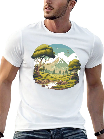 Camiseta Negra con Diseño de Paisaje de Montaña