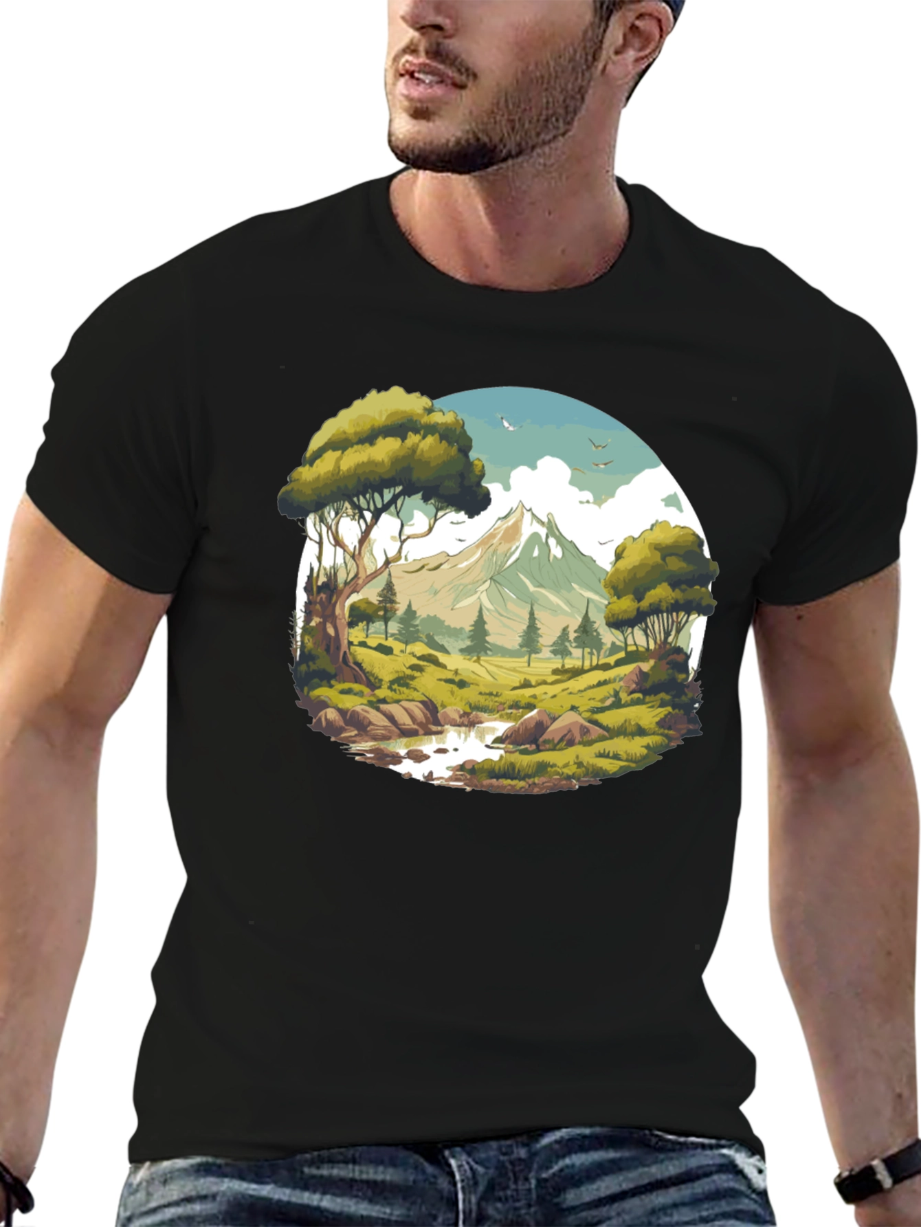 Camiseta Negra con Diseño de Paisaje de Montaña