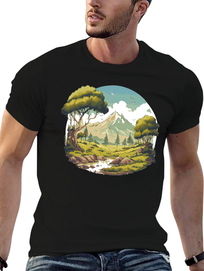 Camiseta Negra con Diseño de Paisaje de Montaña