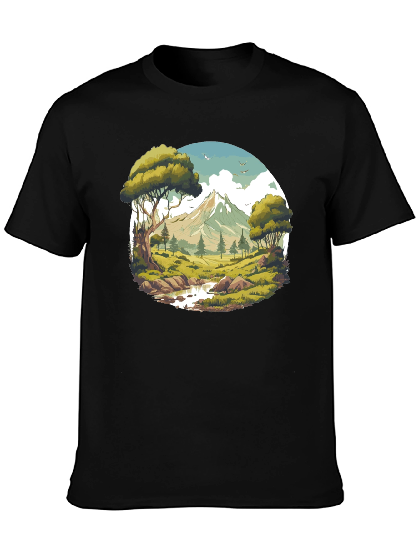 Camiseta Negra con Diseño de Paisaje de Montaña
