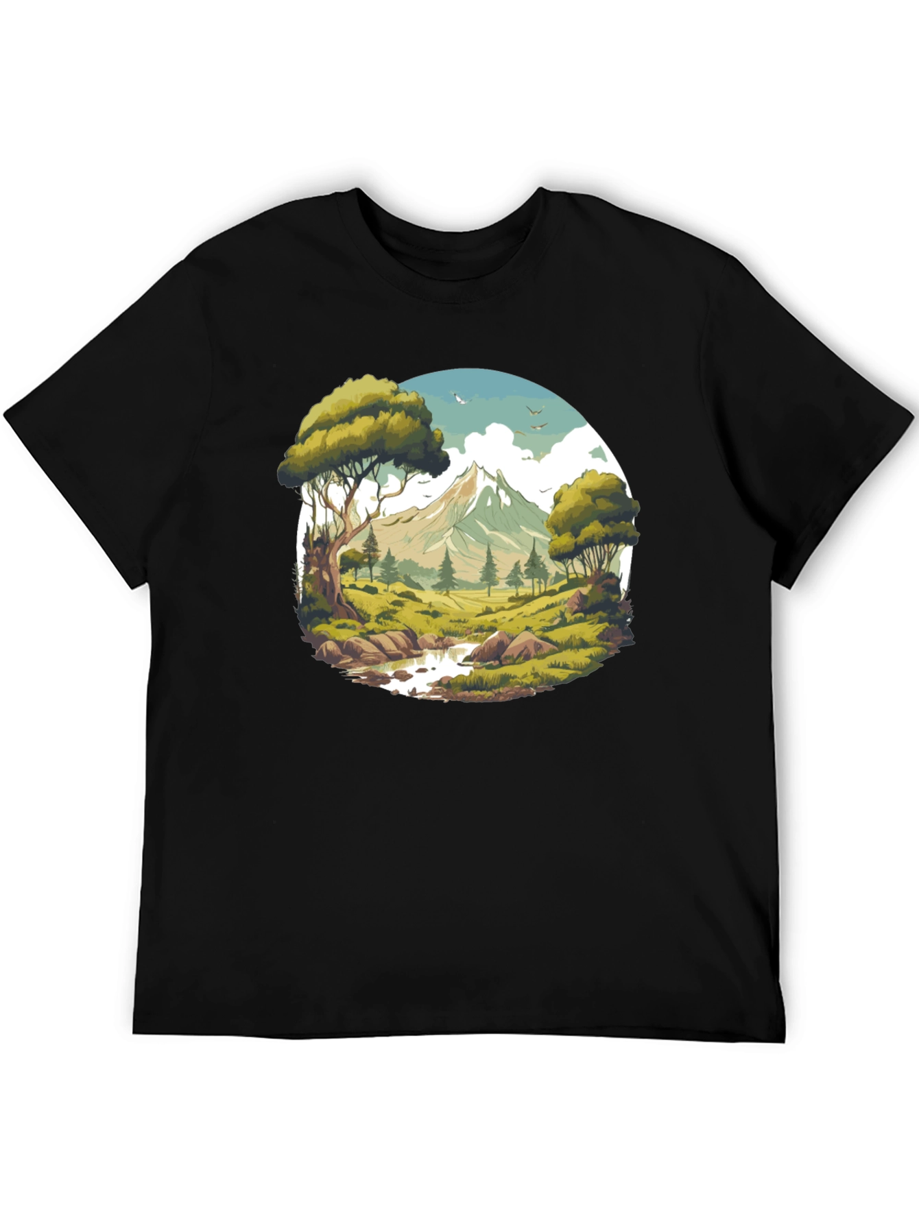 Camiseta Negra con Diseño de Paisaje de Montaña