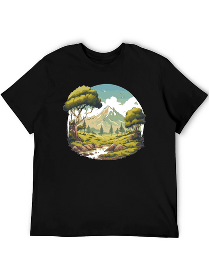 Camiseta Negra con Diseño de Paisaje de Montaña