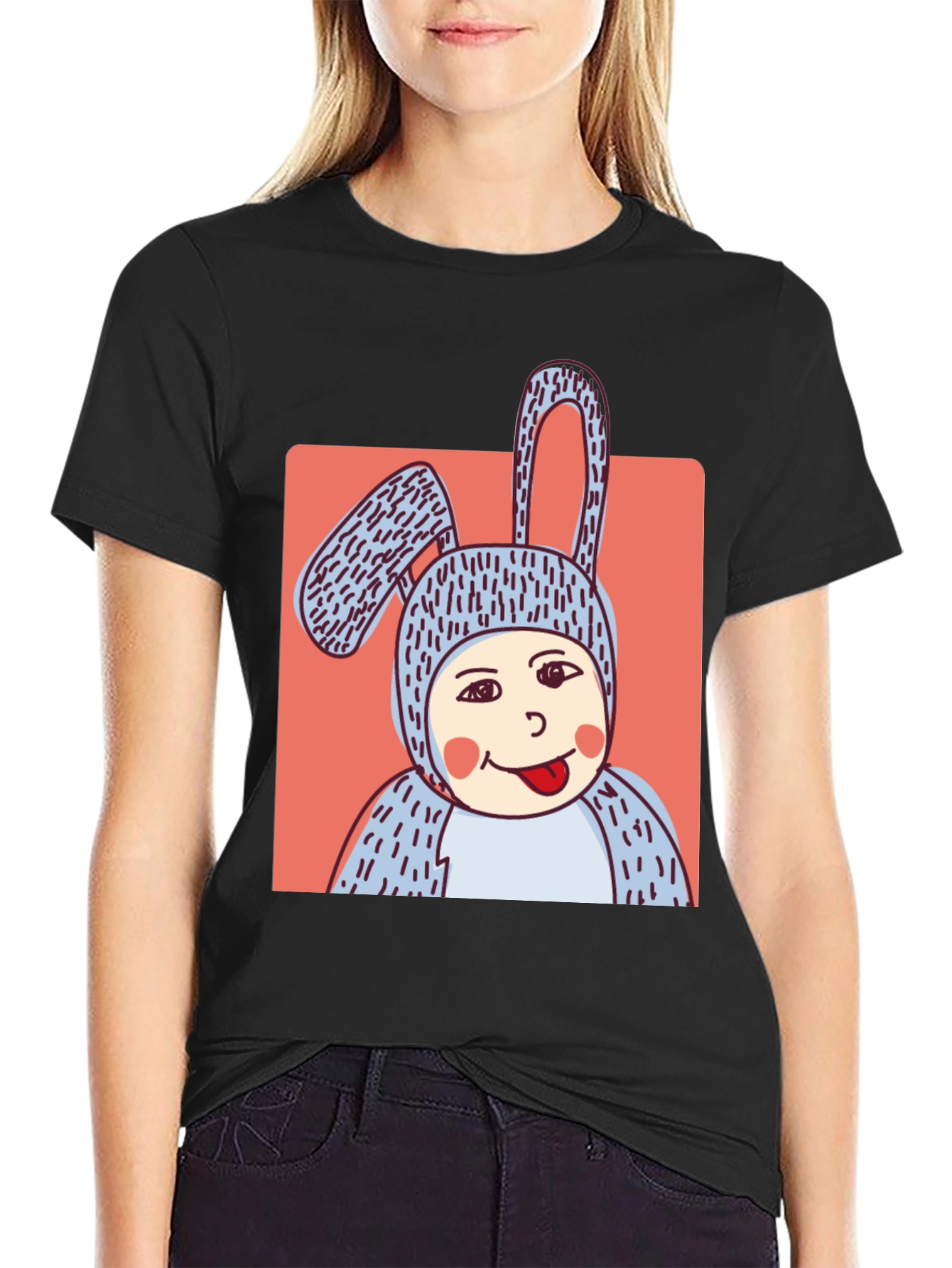 Camiseta Negra con Diseño Conejo Divertido