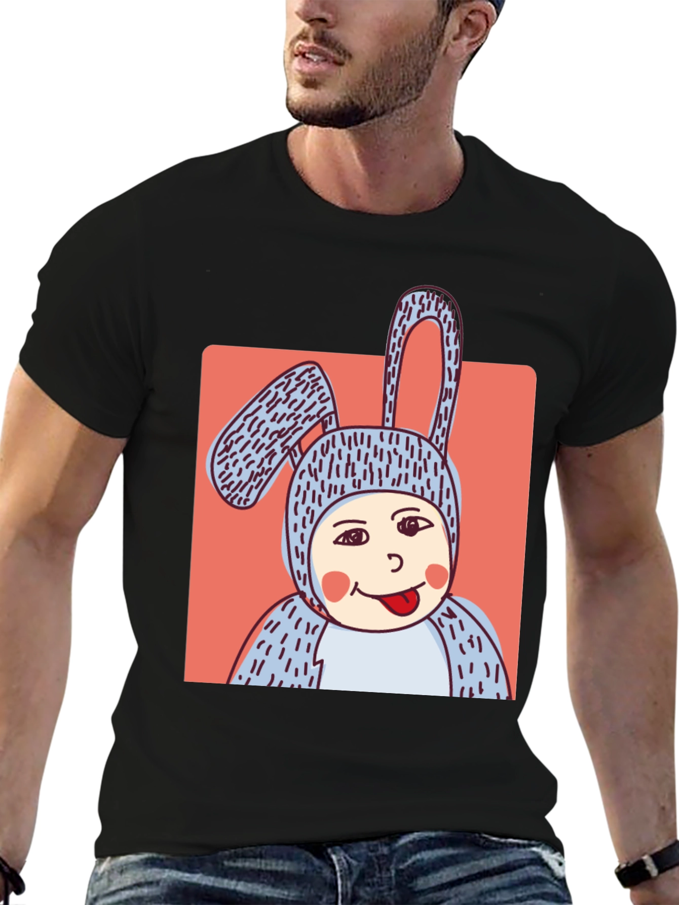 Camiseta Negra con Diseño Conejo Divertido