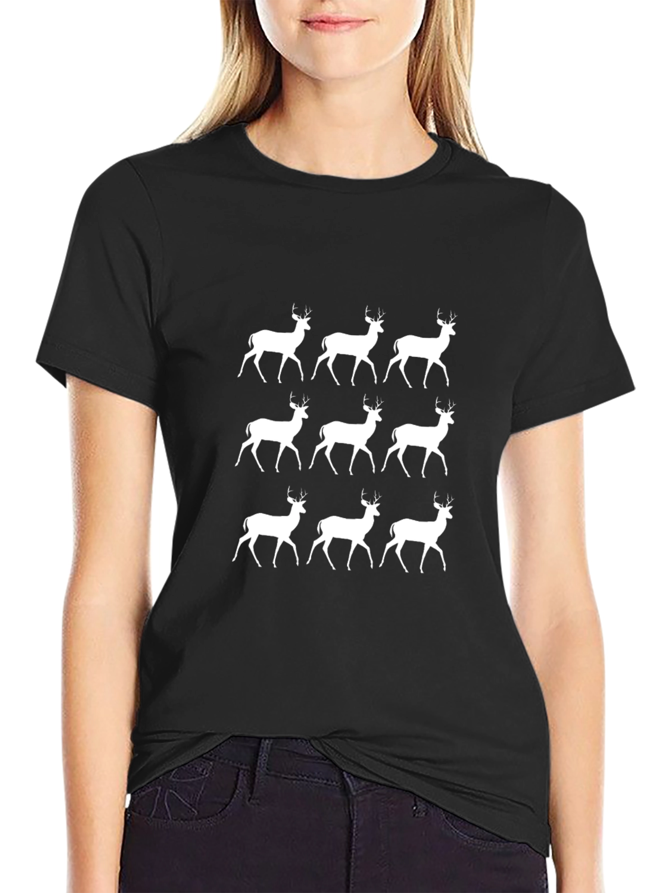 Camiseta Negra con Diseño de Ciervos Blancos