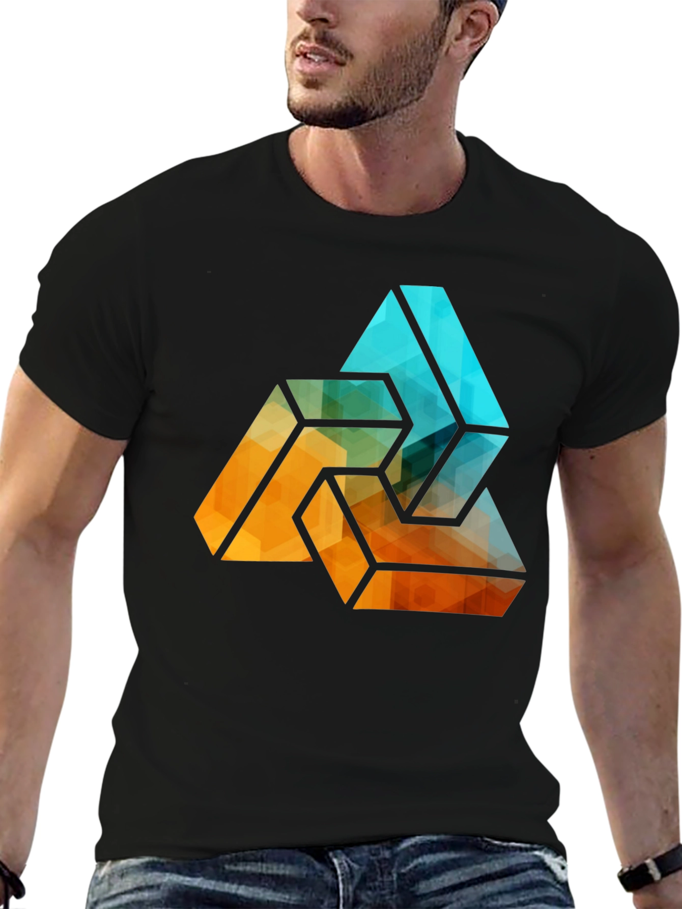 Camiseta Negra con Diseño Abstracto Triangular Geométrico