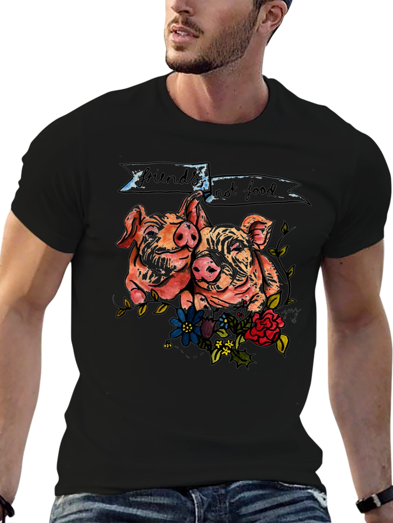 Camiseta Negra con Diseño de Cerditos Veganos