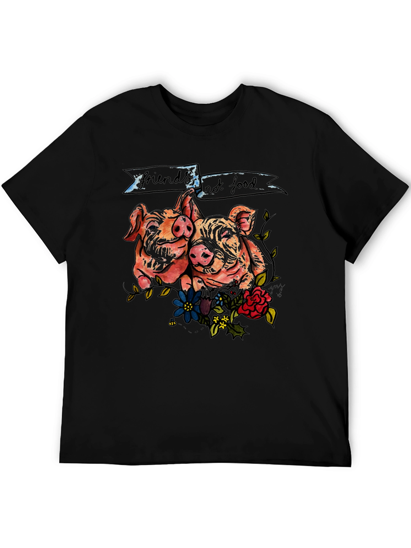 Camiseta Negra con Diseño de Cerditos Veganos