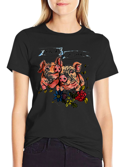 Camiseta Negra con Diseño de Cerditos Veganos