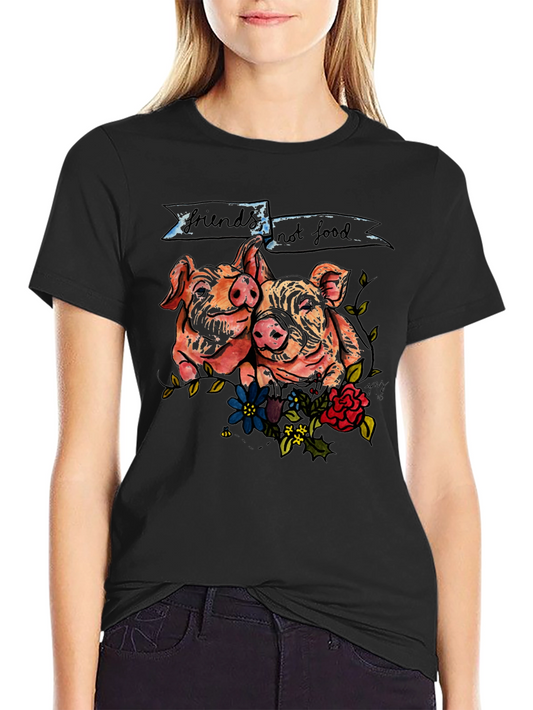Camiseta Negra con Diseño de Cerditos Veganos