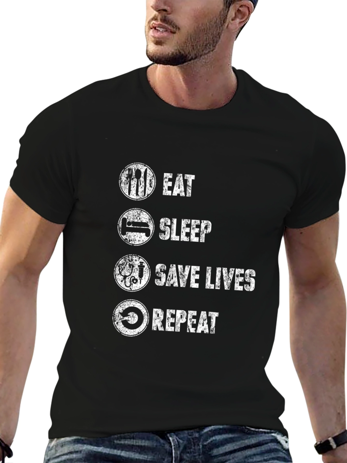 Camiseta Negra: Come Duerme Salva Vidas Repite
