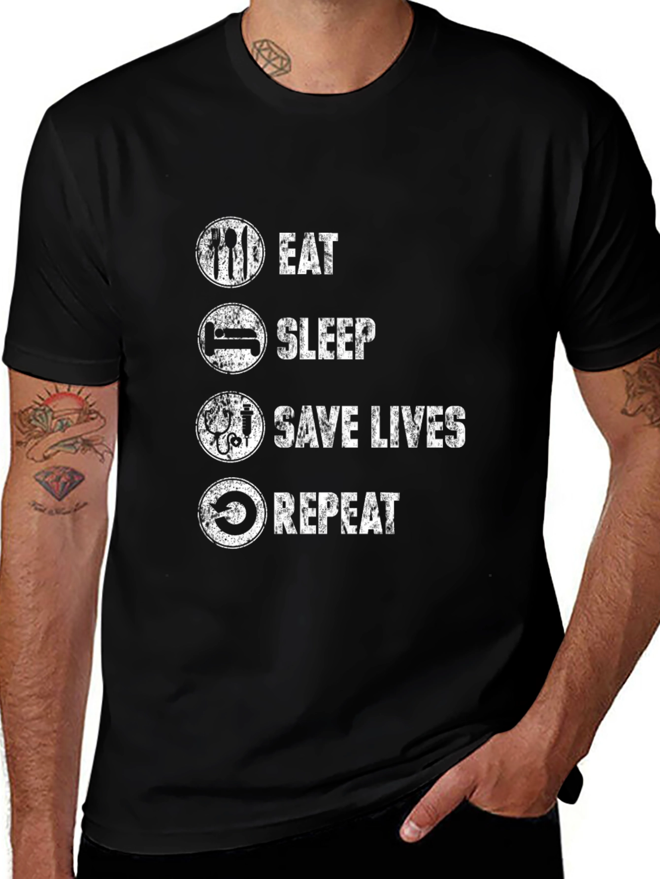 Camiseta Negra: Come Duerme Salva Vidas Repite