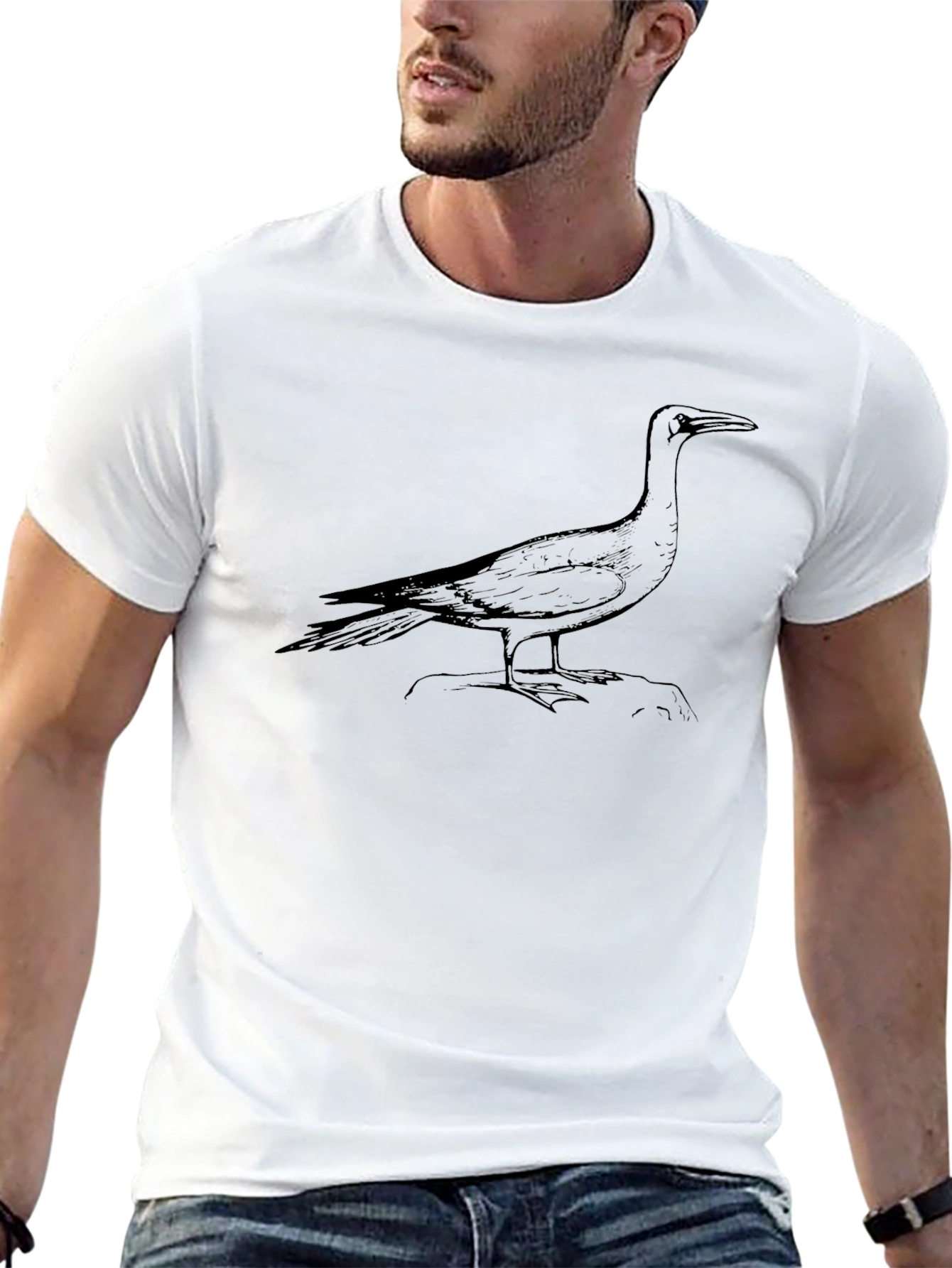 Camiseta Negra Estampada con Ave Marina
